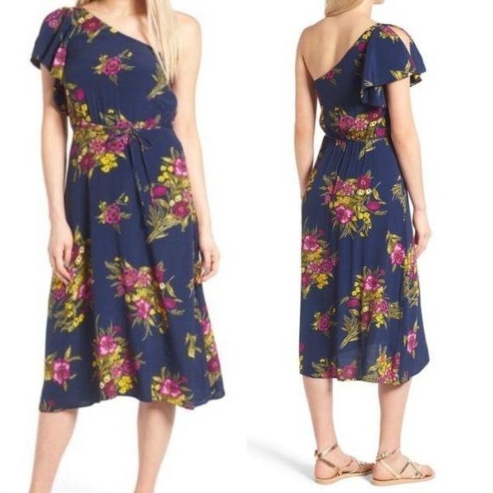 Leith Blue Floral‎ One Shoulder Midi Dress Women's Medium Asymmetrical Flounce